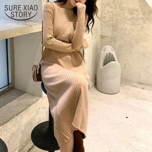 Autumn Elegant Mid-calf Dress New Long Half Turtleneck Women Winter Knitted Jumper Dress Solid Wool Korean Clothes Chic 11952