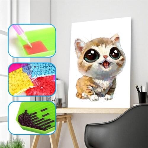 DIY Cute Animal Diamond Painting Cross Stitch Partial Circular Diamond Embroidery Big Eye Cat Pictures of Rhinestones