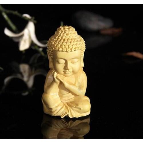 Buddhism Boxwood Carved Sakyamuni Buddha Statue Figurine Decor Tea Pet