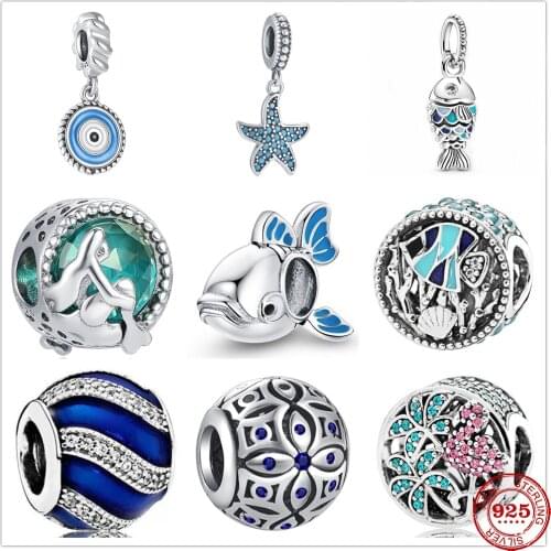 New PANDORA Fish Starfish Mermaid Flamingo Coral Eyes Beads fit Original Pandora Charms Silver 925 Bracelet DIY Women Jewelry
