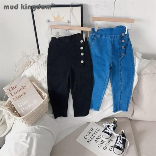 Mudkingdom Girls' Slim Jeans Solid Button Elastic Waist Pocket Casual Denim Pants for Toddler Spring Autumn Trousers Clothes