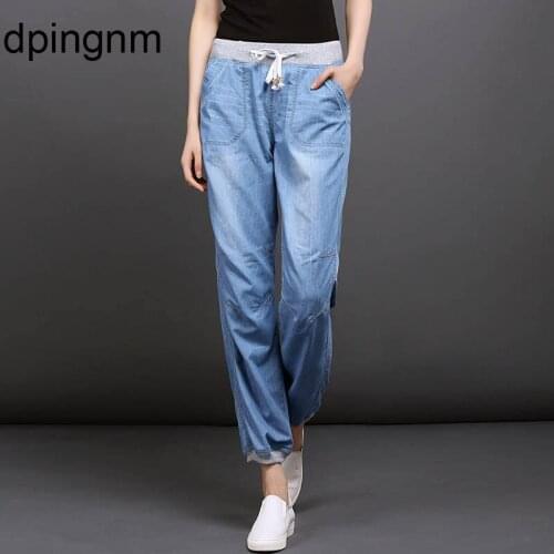 New Summer Large Size Jeans Woman Drawstring Elastic Slim Seven Points Pants Female Haren Feet jeans free shipping