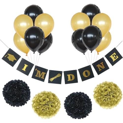HAOCHU 17pcs/set Black Gold Paper Pom Pom Ball I'M DONE Letter Paper Banner Flag Graduation Party Celebration Room Decor Supply