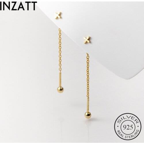 INZATT Real 925 Sterling Silver Cross Tassel Chain Bead Drop Earrings For Fashion Women Asymmetry Fine Jewelry punk Accessories