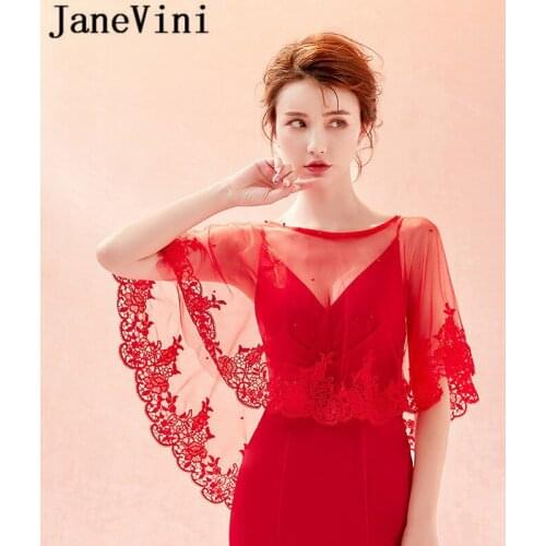 JaneVini Summer Red Lace Bridal Wraps Shawl Elegant Bolero Women Coprispalle Tulle Wedding Shawl Boleros Beaded Party Jackets