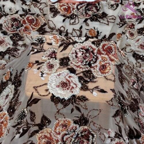 La Belleza 1 yard Beautiful evening dress lace fabric mixed heavy handmade beading lace fabric 130cm width