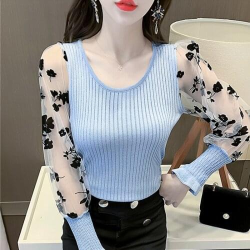 2021 New Stitching embroidery flower lace Tops Long-sleeve Girls Knitted Sweater Fashion Women Pullovers