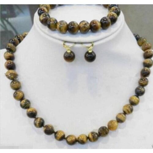 New hot Natural 10mm African Tiger Eye Gems Round Beads Necklace Bracelet Earring Set