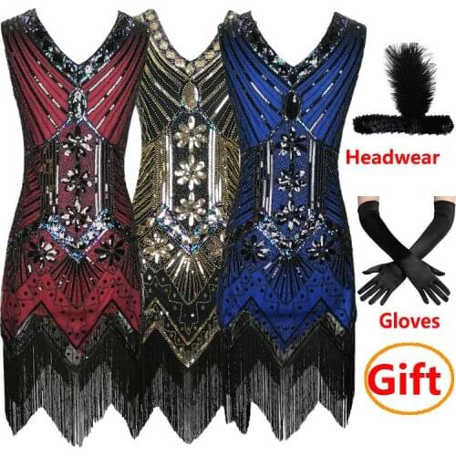 Sequins Dress Women 1920s Vintage Flapper V-Neck Fringe Midi Dresses Modern Dance Costumes Great Gatsby Party Dress Wear SL4137