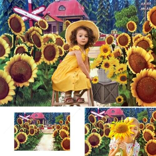 Sunflowers Field Backdrop for Photography Cartoon Bear Old Red House Girl Birthday Party Newborn Portrait PhotoStudio Background