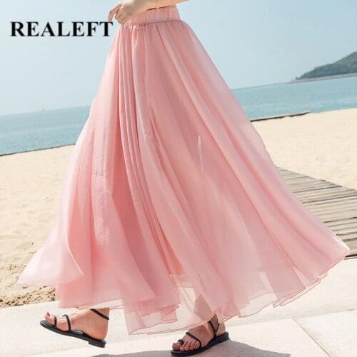 REALEFT Summer 2021 New Chiffon Bohemian Womens Long Skirts High Waist Solid 14 Colors Loose Female Beach Maxi Umbrella Skirts