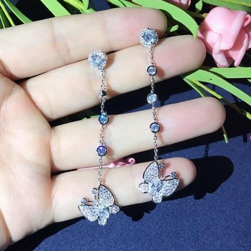 ZHURONG Micro paved Cubic Zircon sweety butterfly long dangle wedding earrings for women silver color