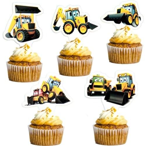 Construction Tractor Excavator Cake Toppers For Boys Happy Birthday Party Cupcake Topper Fireman Plane Train Toppers