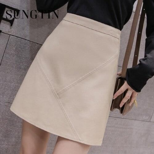 Sungtin High Waist Faux Leather Skirt Women A Line Solid Pu Mini Skirts Female Classic Streetwear Green Skirts New Fashion 2021