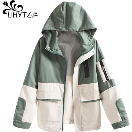 UHYTGF 2019 Autumn New Female Trench Coats Fashion trend Trench Coats Womens Korean Wild stitching hood Trench Coat tops X337