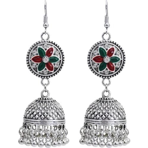 Vintage Indian Jhumka Earrings for Women Oxidized Silver Color Metal Bells Tassel Earring Carved Flower Wedding Party Jewelry