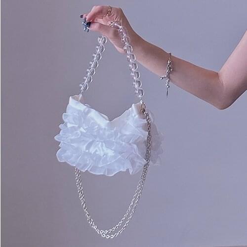 Silk Wallets Women Luxury Designer Handbags for 2021 Girls Female Shopper Flower Shaped Pearl Chain Vintage Pleated Shoulder Bag
