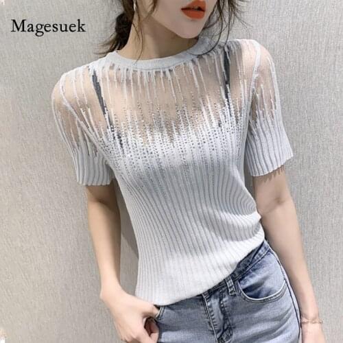 Summer Knit Tshirt 2021 Korean Short Sleeve Elastic Tee Transparent Slim Women Tops Ropa Mujer O Neck Sexy Diamond T-shirt 10059