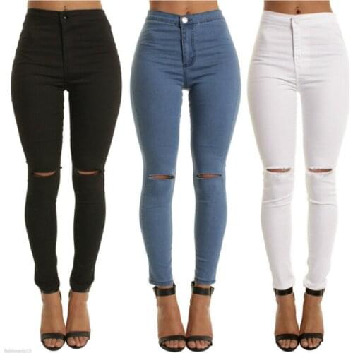 2018 Spring Summer style white hole ripped jeans Women jeggings cool denim mid waist pants capris Female black casual jeans