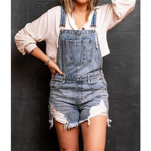 Retro Washed Ripped Denim Brace Shorts Casual Women Slim Wild Light Blue Jumpsuit Summer Fashion Button Straight Shorts Jumpsuit