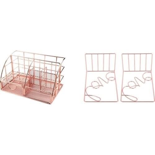 Rose Gold Ladies Desktop Storage Box, Multi-Purpose Storage Box with 2Pcs Creative Love Shaped Desk Storage Holder