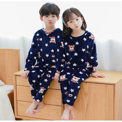 Winter Thick Warm Children Pajamas 2 Piece Sets Flannel Cartoon Printed Pullover+Trousers Kids Sleepwear Children Home Wear