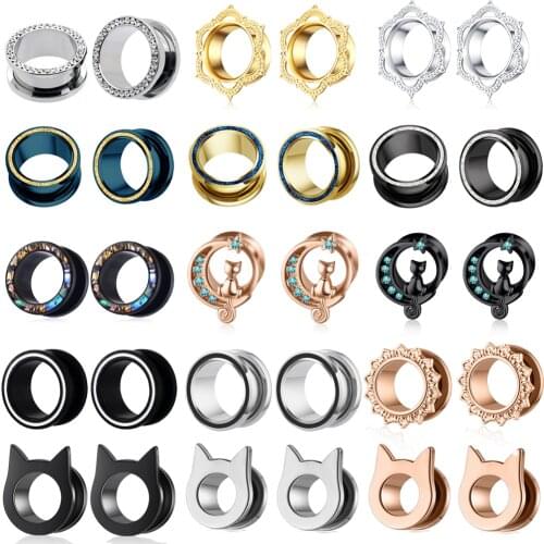 2Pcs 4-16MM Ear Plugs Tunnels Cat Shape Expander Plug Piercing Dilatacione Stainless Steel Crystal Ear Gauge Plug Earring Stud