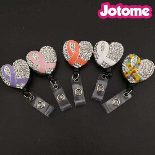 20PCS/Lot Choose Color First, Rhinestone Ribbon Heart Nurse Retractable ID Badge Reel Clip