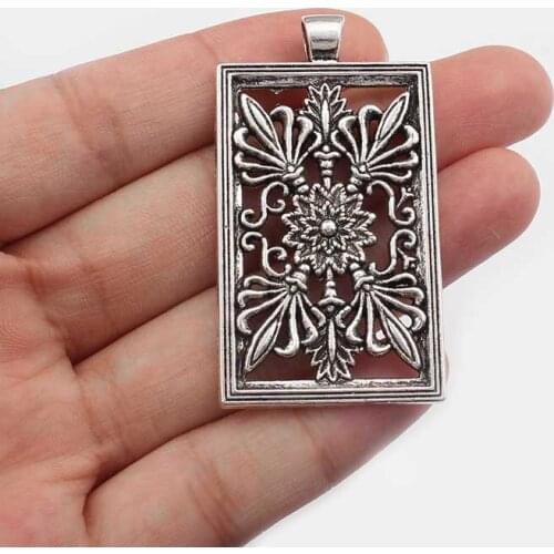 4PCS Large Antique Hollow Flower Rectangle Charms Pendants for Necklace Jewelry Findings 50x28mm
