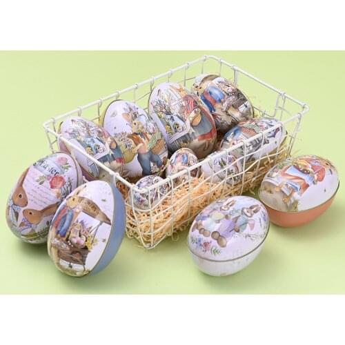 5pcs Party Decoration Easter Bunny Dress Printing Alloy Metal Trinket Easter Eggs Shaped Candy Box Tinplate Case XMAS Decor