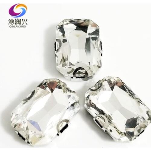 White Rectangle octagonal shape High quality Glass Crystal sew on Anti hook D shape claw rhinestones,Diy Clothing accessories