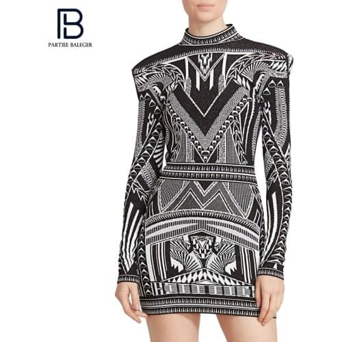PB Chic Geometrci Jacquard Mini Dress Long Sleeves Stand Collar Sexy Backless Celebrity Party Club Bandage Vestido Free Shipping