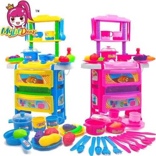 MylitDear Kids Kitchen Toys Children Food Pretend Play Kitchen Cooking Set with Light Sound Miniature Food Vegetables Pot Pans