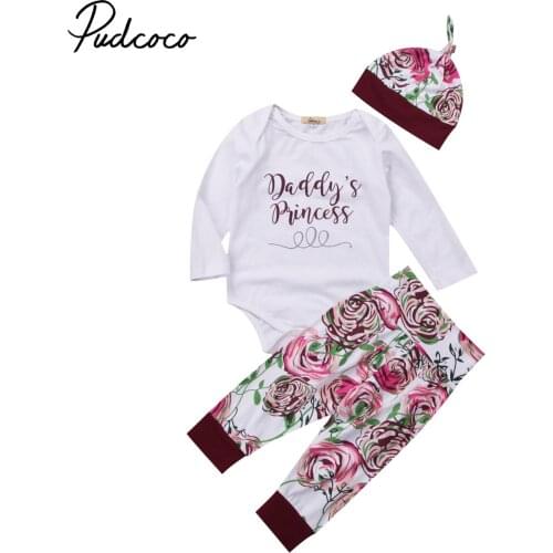 Floral Kids Baby Girls Princess Rompers Jumpsuit Big Flower Long Pants Leggings Hat Outfits 3PCS Autumn Set Clothes Cotton