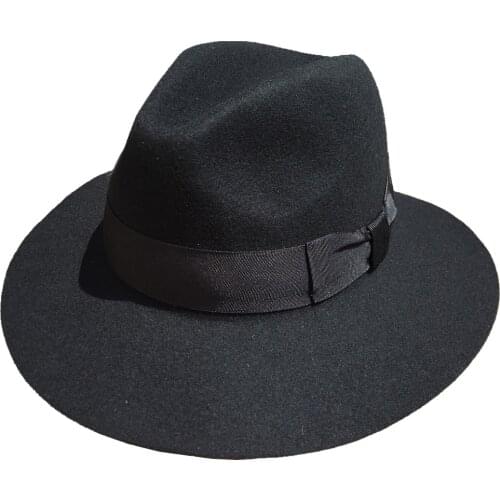 Fashion Black Wool Felt Wide Brim Fedora Hat For Men or Women -7 cm Brim