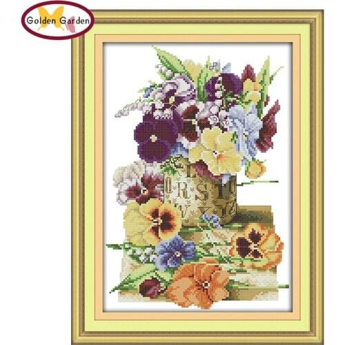 GG Pansy Flower Stamped Cross Stitch Patterns DIY Kits Needlework Embroidery Sets Joy Sunday Counted Cross Stitch for Home Decor