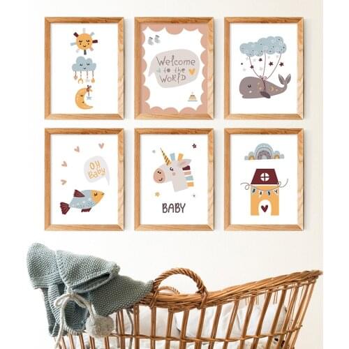 Cartoon Animals Clouds Stars Sun Baby Canvas Painting Nursery Posters Wall Art Print Picture Gift For Kids Room Home Decor