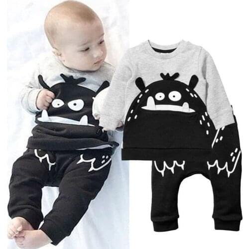 2pcs Newborn Infant Baby Boys Grey Small Monster Overall Outfits Long Sleeve Cotton T-shirt+Pants Clothes Sets