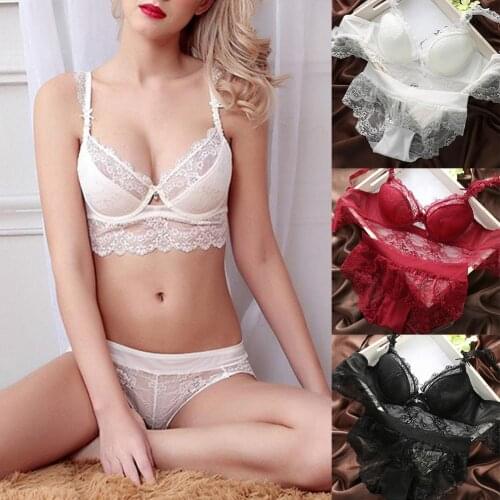 Women bra and panties set transparent Women Sexy Solid Color Push-up Padded See Through Lace Bra Panties Underwear Set майка бра