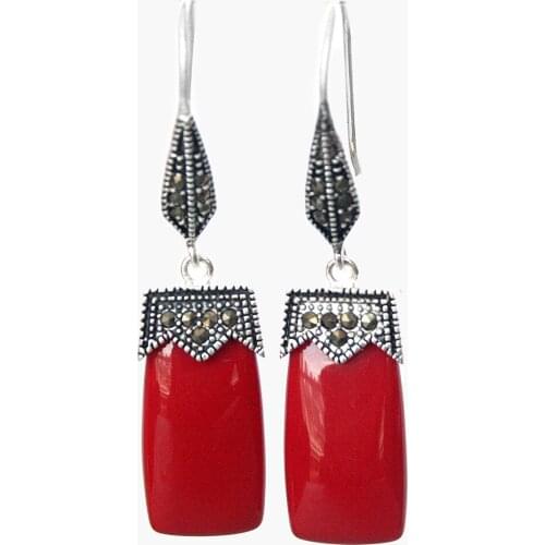 NICE VINTAGE RED CORAL 925 SILVER & MARCASITE EARRINGS 2" REAL Natural