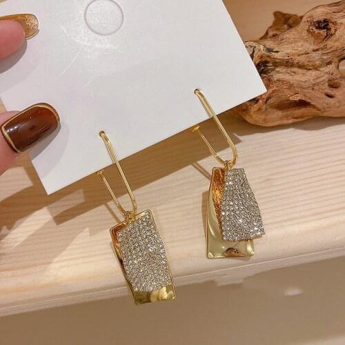 Minar Korean Full Rhinestone Irregular Geometric Earrings for Women Gold Color Alloy Twist Hanging Dangle Earrings Pendientes