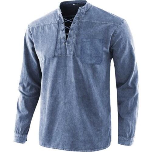 Mens Shirt Spring and Autumn Long-Sleeved Top for Men Solid Color Stand Collar Males Pullover Loose England Style Blouse