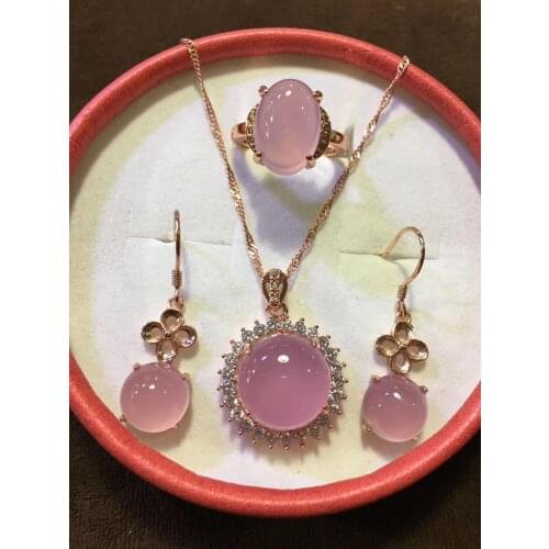 Natural 925 sterling silver inlaid pink round agate temperament pendant ring earring ear studs sets jewelry