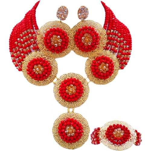 Opaque Red and Champagne Gold AB African Beads Jewelry Set Nigerian Necklace Bracelet Earrings Wedding Accessories 10PH07