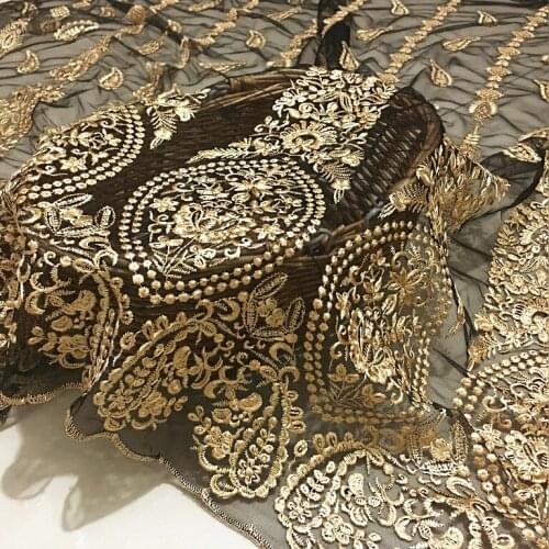 New mesh lace fabric gold 3D embroidery High-end custom apparel fabric Encrypted skirt clothes accessories