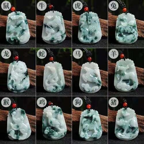 Natural Emerald Chinese Zodiac Pendant Necklace Charm Jewellery Fashion Accessories Hand-Carved Man Woman Amulet Gifts Free rope