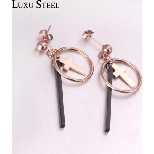 LUXUSTEEL Cross Earrings Stainless Steel Black Geometry Bar Drop Earrings Rose Gold Round Circle Earrings Bijoux Party