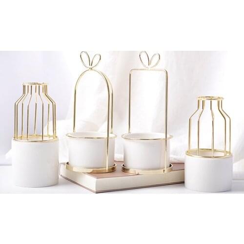 Modern Ceramic Flower Vase with Golden Metal Frame Porcelain Vase Home Decor Wedding Decoration Gifts