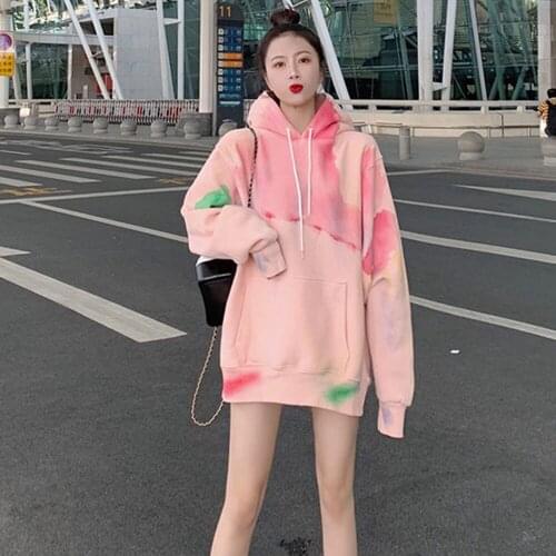 Pink Tie-dye Hoodie Sweatshirt Women Spring And Autumn New Style Mid-length Lazy Style Loose Korean Womens Oversized Casual Top