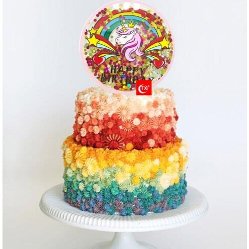 TX Glitter Bling Moving Quicksand Rinbow Unicorn Themed Party Shaking Fun Cake Topper Baby Shower Decor For Unicorn Themed kids